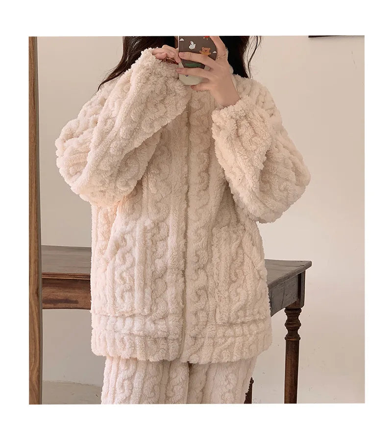 Large Size Flannel Pajamas Set Autumn Winter Female Sleepwear Trouser Suit Thicken Coral Fleece High Collar Lounge Wear Homewear