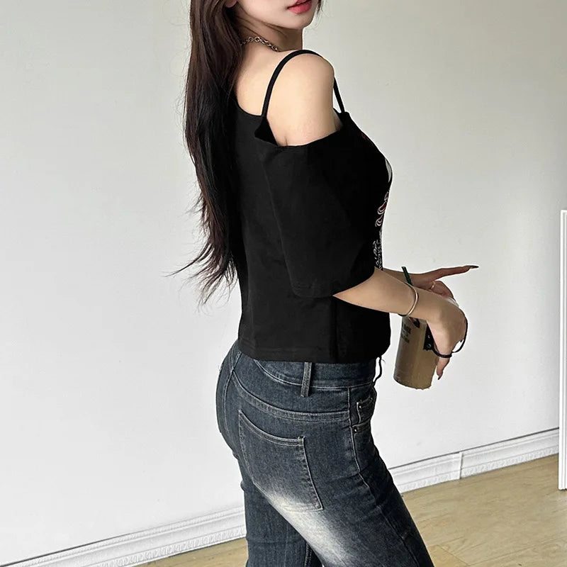 Gothic Tee Y2k Letter Print Off Shoulder Punk T-shirts Women Harajuku Summer Streetwear Grunge T Shirt Aesthetic Sexy Crop Tops