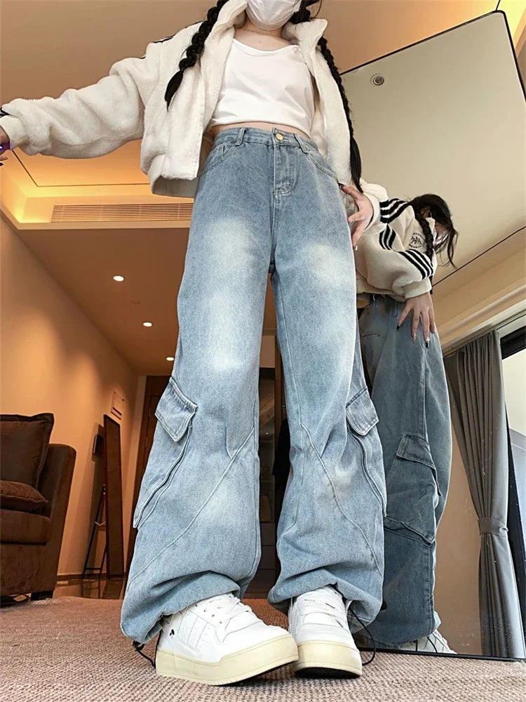 Women's Large Side Pocket Design Unisex Jeans High Waisted Straight Vintage 90s Trouser Streetwear Casual Y2K Denim Pants