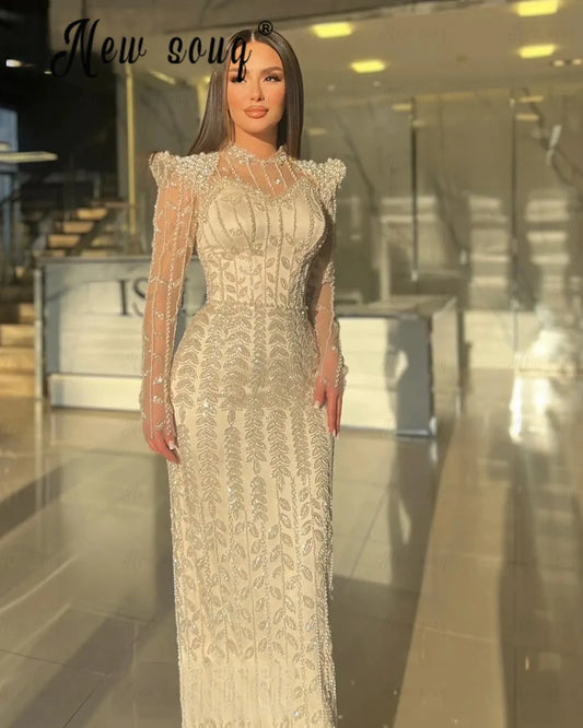 Light Champagne High Neck Pearls Evening Dress Long Sleeve Formal Dinner Party Gowns For Women Wedding Arabic 2025 Customized Badiee Stylez
