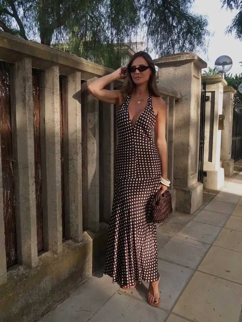 Trendix Polka Dot Print Backless Dress Women Summer Sexy Deep V Neck Sleeveless Off Shoulder Maxi Dresses Elegant Evneing Dress