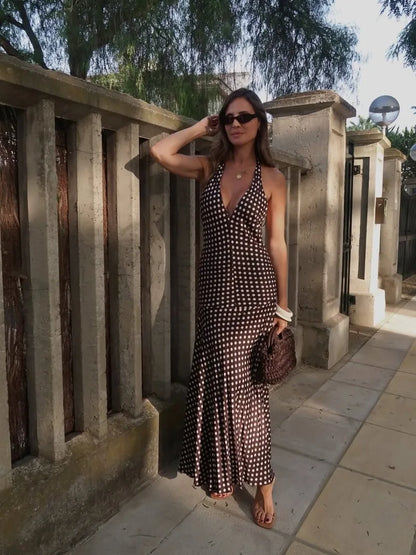 Trendix Polka Dot Print Backless Dress Women Summer Sexy Deep V Neck Sleeveless Off Shoulder Maxi Dresses Elegant Evneing Dress