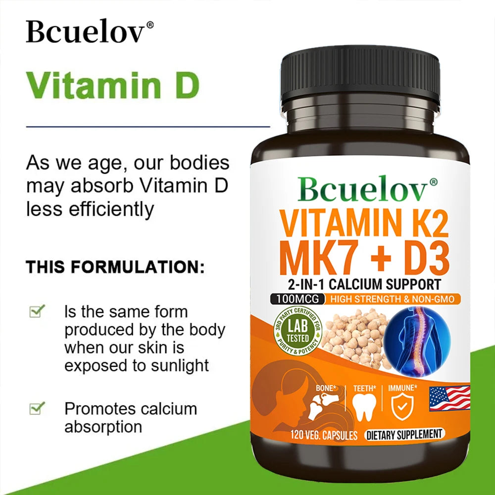 Vitamin K2 (MK7) and D3 Supplements - Bones, Teeth, Muscles, Joints, Heart, Immune Support and Calcium Absorption