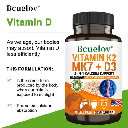 Vitamin K2 (MK7) and D3 Supplements - Bones, Teeth, Muscles, Joints, Heart, Immune Support and Calcium Absorption