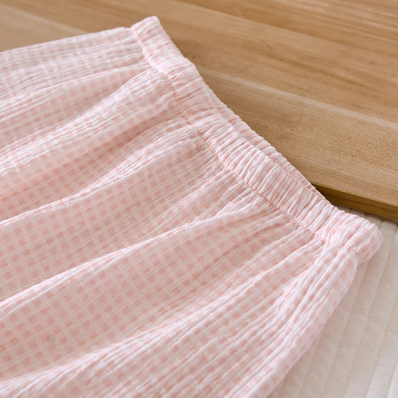2025 Japanese summer new women's pajamas suit short-sleeved shorts two-piece 100% cotton crepe simple checked thin home clothes
