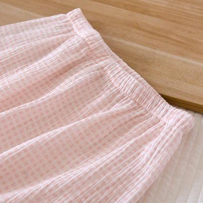 2025 Japanese summer new women's pajamas suit short-sleeved shorts two-piece 100% cotton crepe simple checked thin home clothes