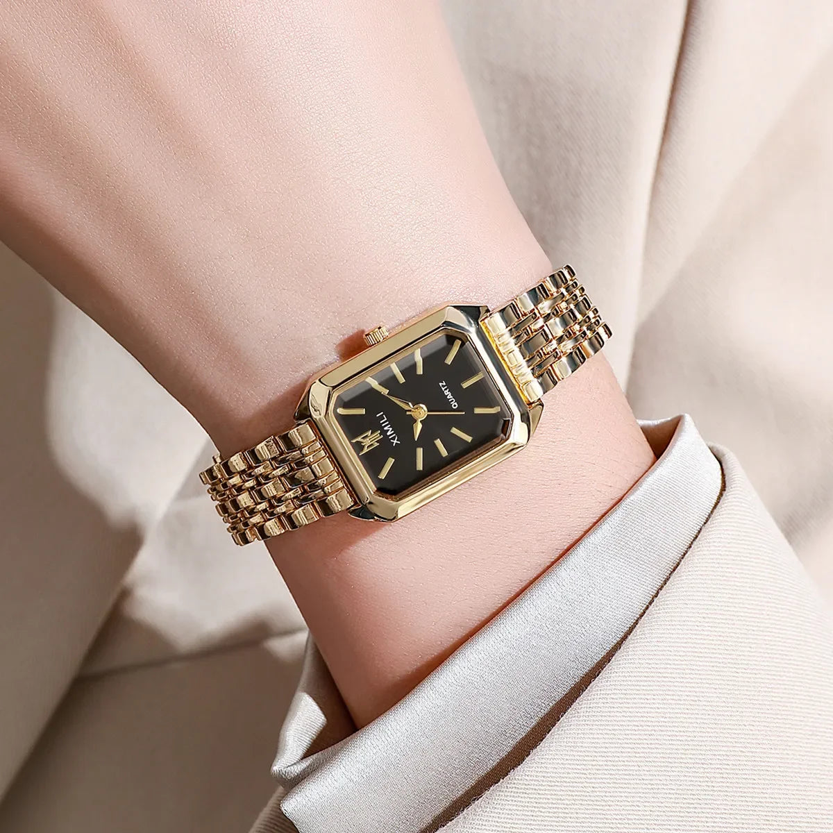 Women Watches Business Luxury Ladies Fashion Quartz Watch Simple Scale Square Quality Gold Plated Stainless Steel Folding Clock black No