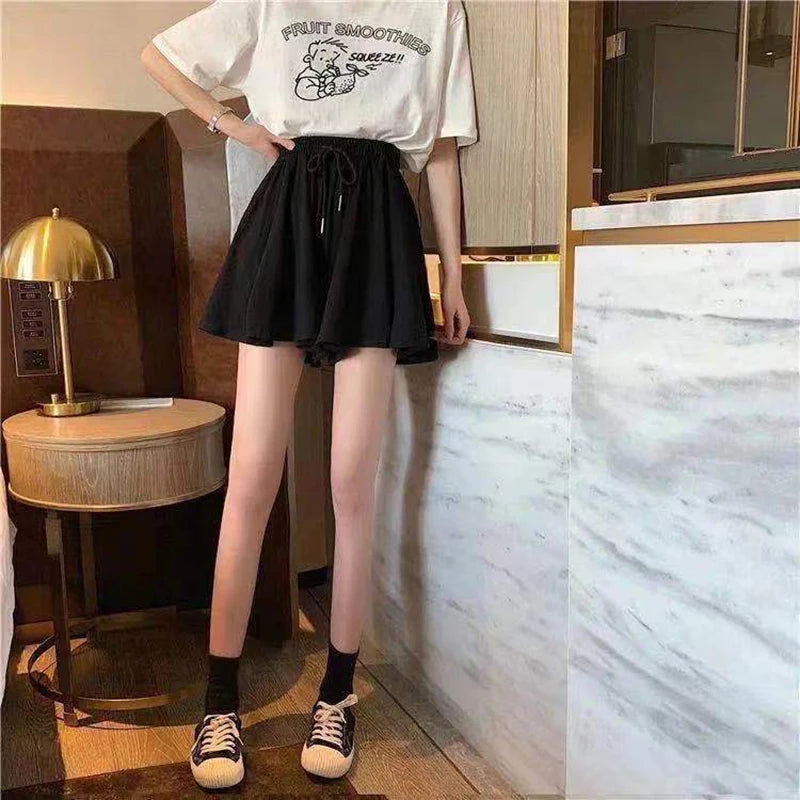 MEXZT 5Xl Summer Shorts Skirts Women Elastic High Waist Casual Wide Leg Shorts Korean A Line Loose Mini Skirt Black Short Pants