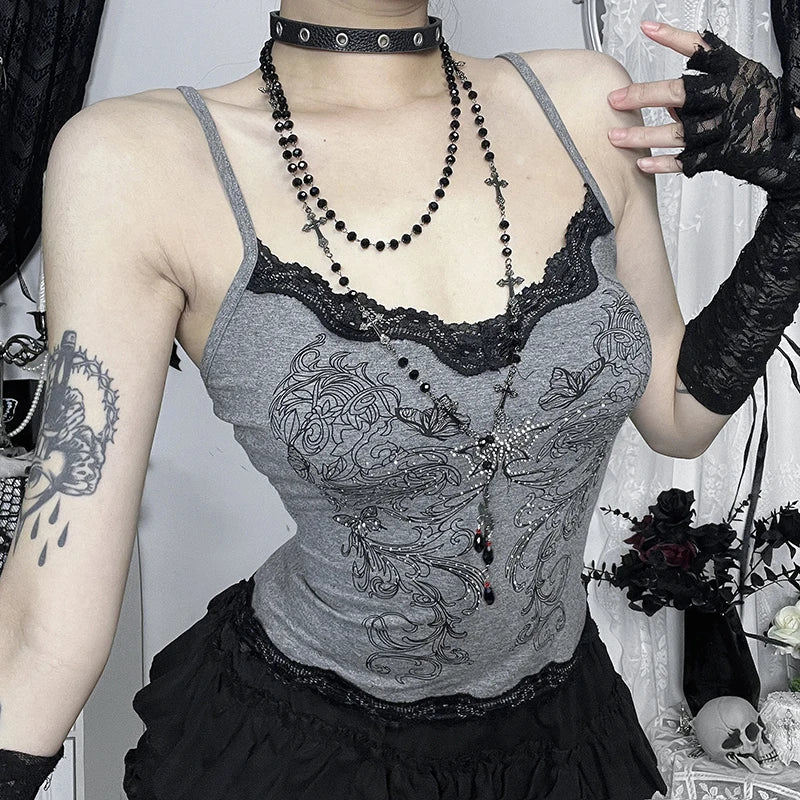 Goth Sexy Lace Corset Crop Tops Camis Y2K Harajuku Aesthetic Black Red Cross Basic Tank Top Summer Women Grunge Emo Streetwear
