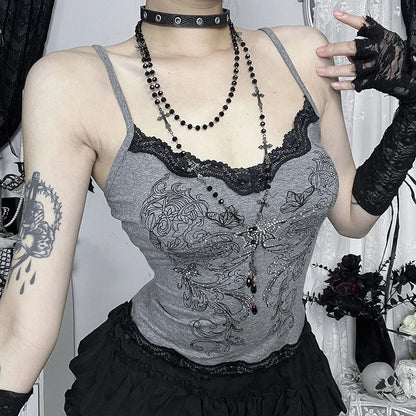 Goth Sexy Lace Corset Crop Tops Camis Y2K Harajuku Aesthetic Black Red Cross Basic Tank Top Summer Women Grunge Emo Streetwear