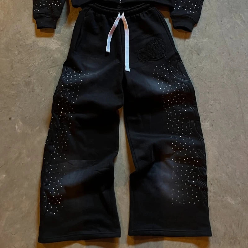 Autumn and winter European loose rhinestone decal retro zipper hoodie y2k Harajuku casual solid color sports design street hoodi Blue