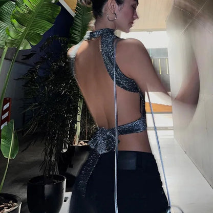 WhereMery Sexy Women Backless Tank Top Y2K Bling Glitter Sleeveless Bandage Crop Tops Summer Girl Fashion Streetwear Skinny Vest