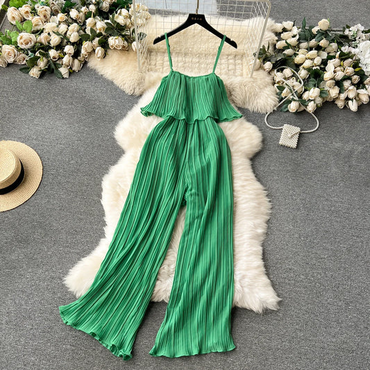Vacation Loose Jumpsuit Strap Backless Thin Romper Streetwear Women INS One-Piece Outfit Beach Style Pleated Bodysuits green One Size