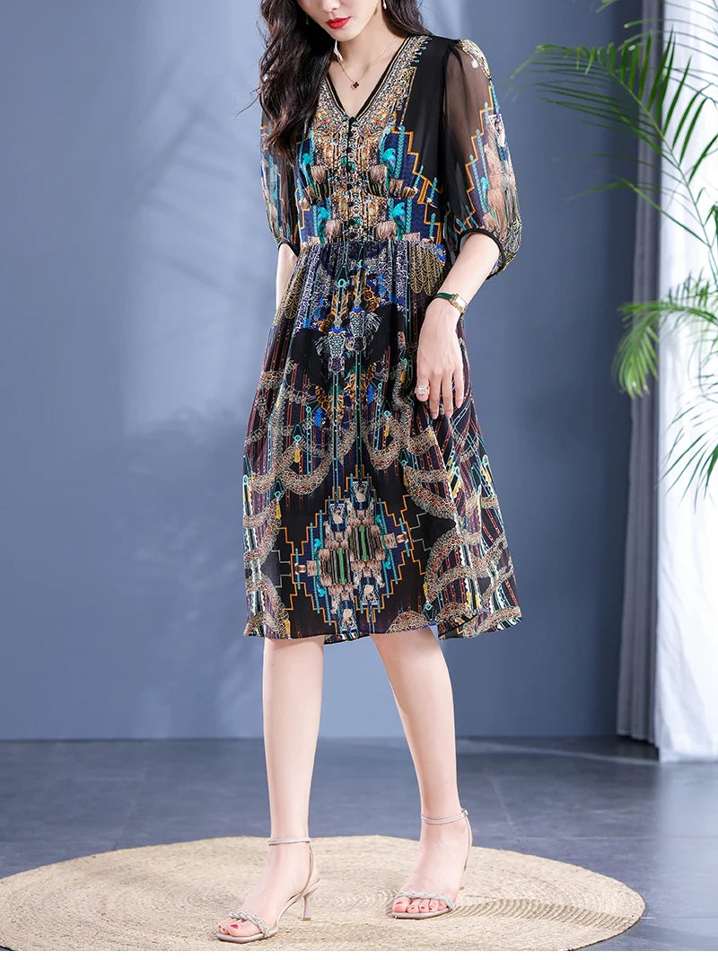 2025 Summer Bohemian Dresses For Women Elegant V-neck High Waist Women's Print Black Dress A-line 100% Real Silk Long Midi Dress Badiee Stylez