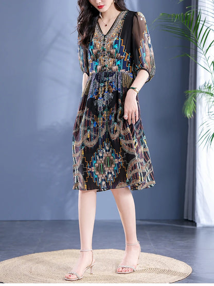 2025 Summer Bohemian Dresses For Women Elegant V-neck High Waist Women's Print Black Dress A-line 100% Real Silk Long Midi Dress Badiee Stylez