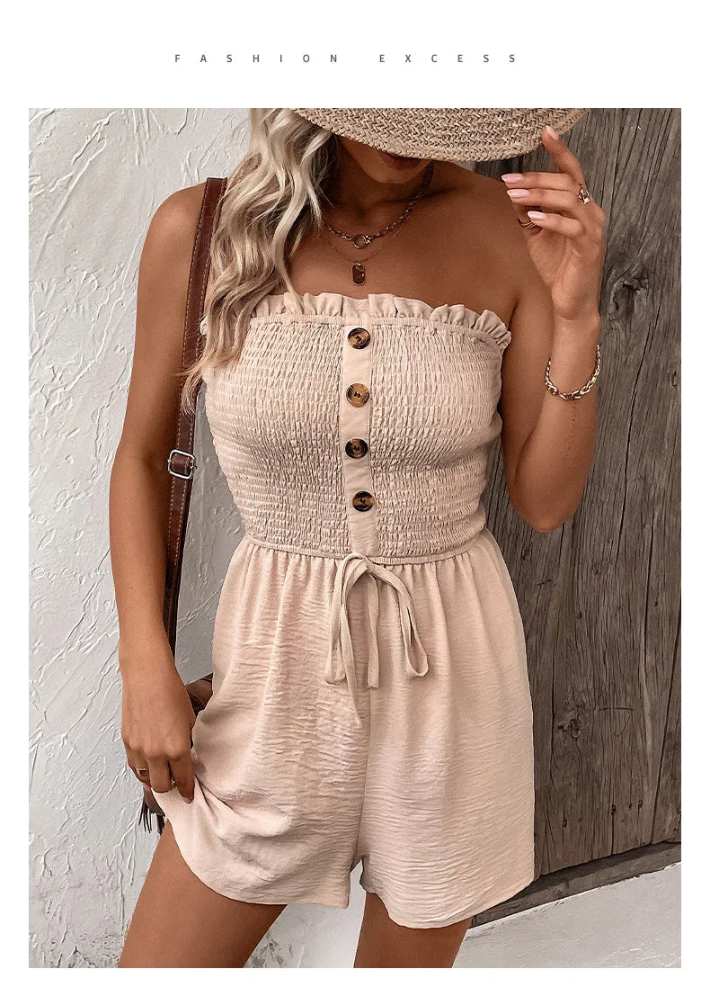 Summer Fashion Splicing Women's Solid Color Sexy Sleeveless Bra Button Tie Waist Casual Comfortable Jumpsuit Shorts 3/4