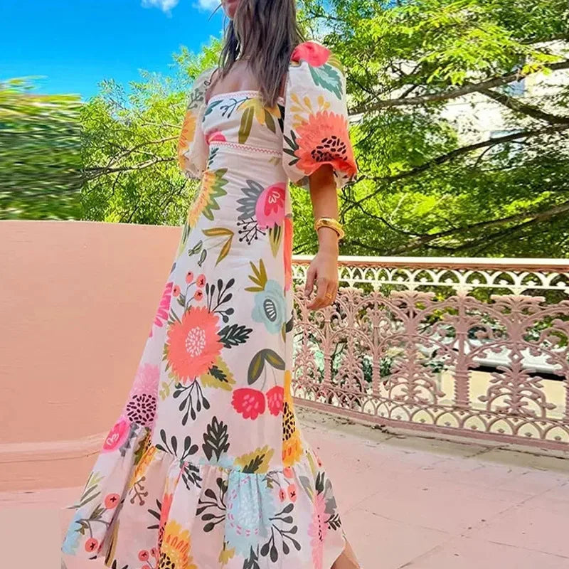 Summer Dress Elegant Women Flower Printed Maxi Dress High Waisted Short Sleeve Square Collar 2024 Summer Fashion Holiday Dresses