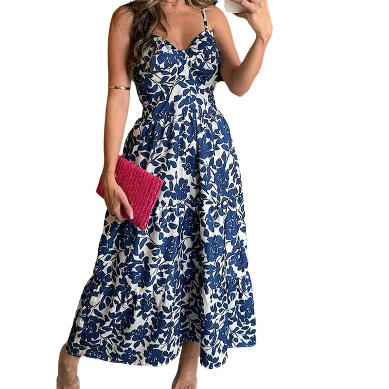 Bohemian Beach Sundresses For Women Fashion Floral Printed Sexy Sling Maxi Dresses Oversized Ladies Casual Long Dress