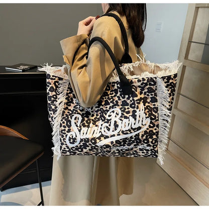 European and American Letters Tassel Canvas Bag Arge Capacity Handbags Travel Women Beach Tote Bag Fashion Casual Shopping Bags