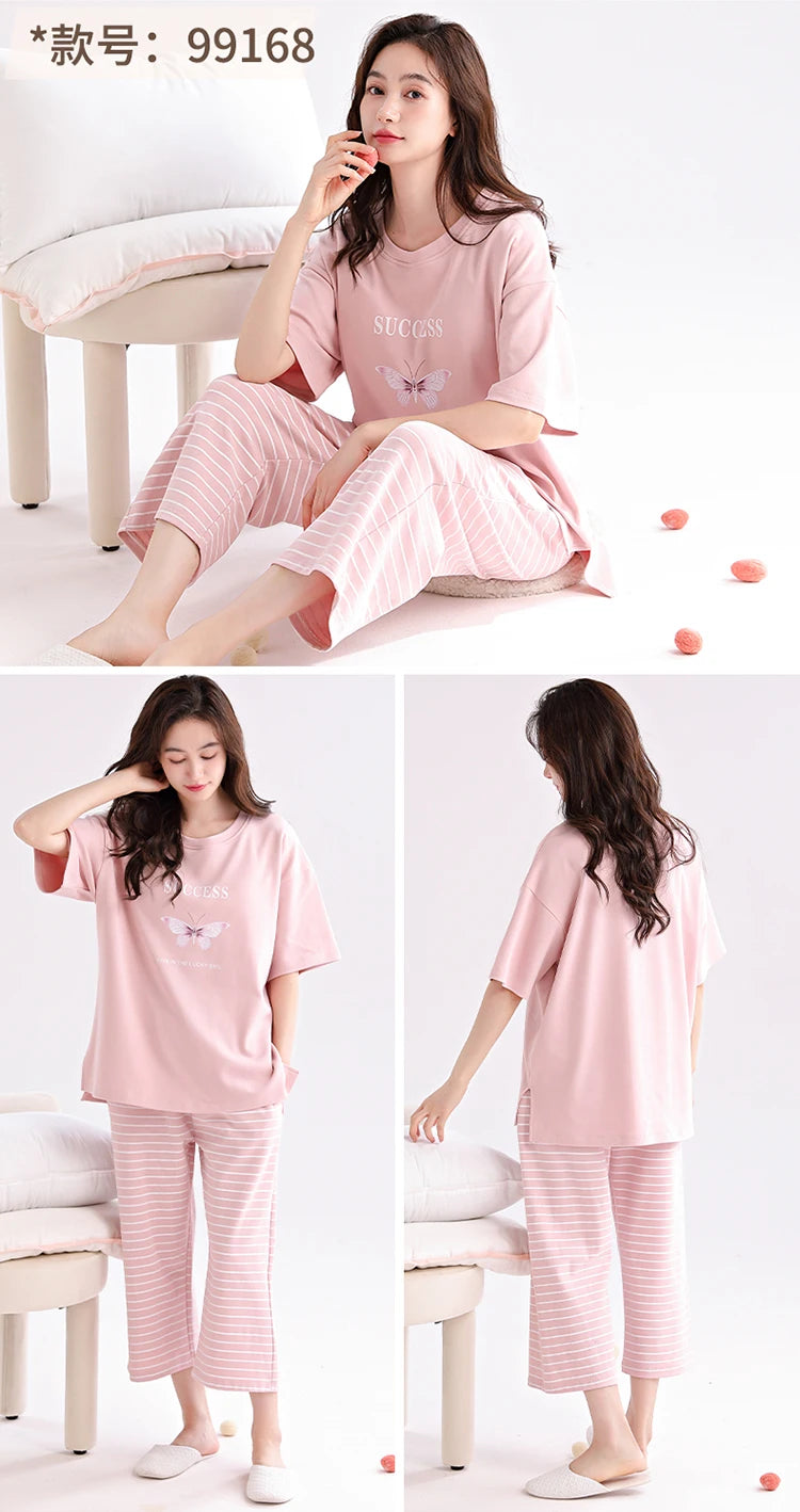 Newest Summer Casual Pajamas Set Women 100% Cotton Sleepwear Female Short Top+Calf-Length Pant Pyjamas