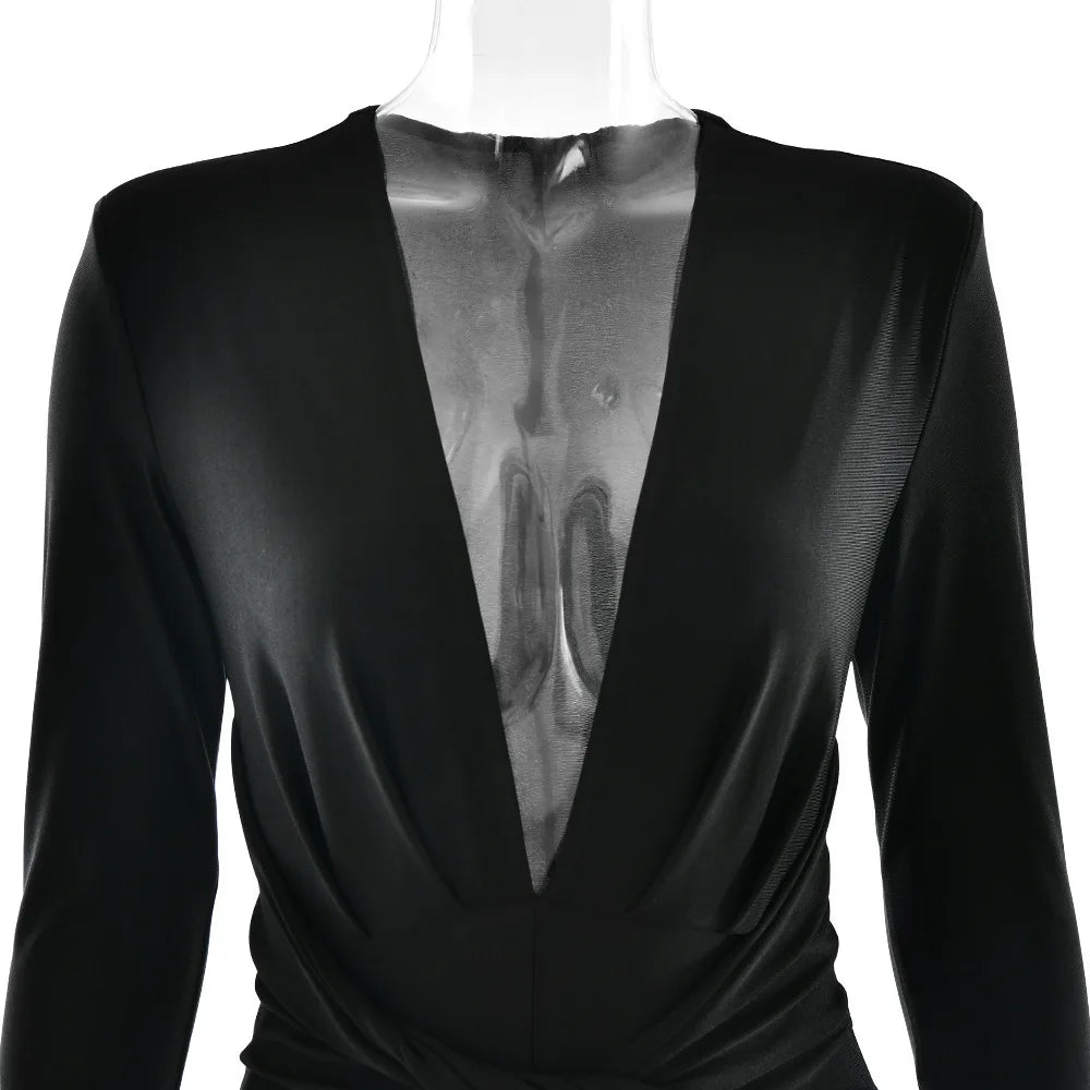 JUISSA MO Sexy Deep V-neck Ruched Women Jumpsuit Long Sleeve High Waist Playsuit Female Winter Bodycon Elegant Sporty Clothing Badiee Stylez