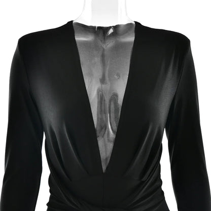 JUISSA MO Sexy Deep V-neck Ruched Women Jumpsuit Long Sleeve High Waist Playsuit Female Winter Bodycon Elegant Sporty Clothing Badiee Stylez