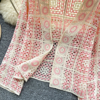 SINGREINY Vintage Boho Loose Plaid Cardigans Female Long Sleeves Hook Flower Hollow Tops 2025 Vacation Sunscreen Casual Shirt Badiee Stylez