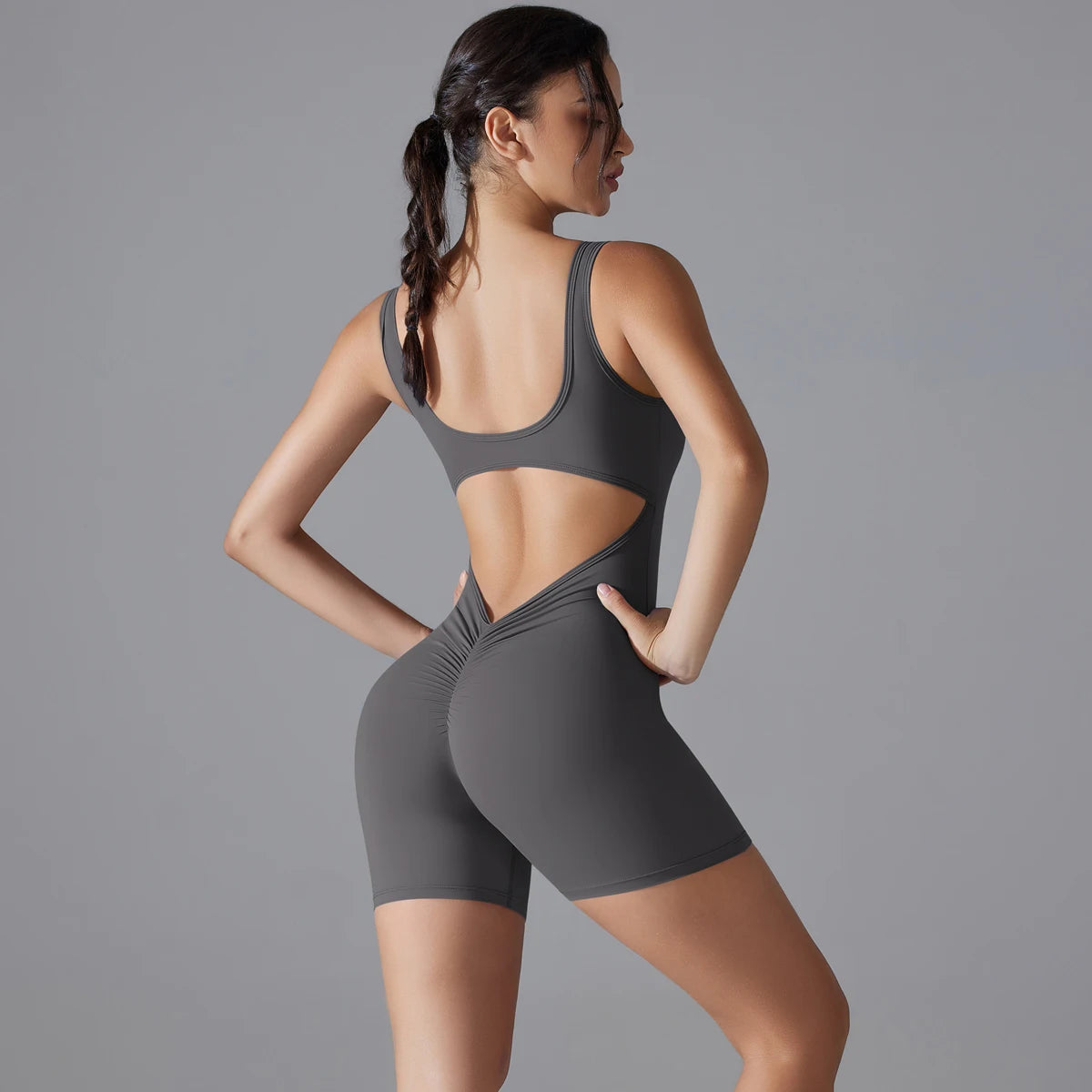New V Back Scrunch Sports Jumpsuit Women Gym Rompers Sleeveless Sportswear Bodysuits Women Casual One-Piece Suit Yoga Clothing Dark Grey
