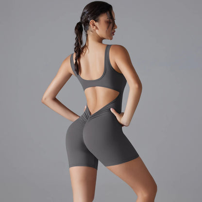 New V Back Scrunch Sports Jumpsuit Women Gym Rompers Sleeveless Sportswear Bodysuits Women Casual One-Piece Suit Yoga Clothing Dark Grey