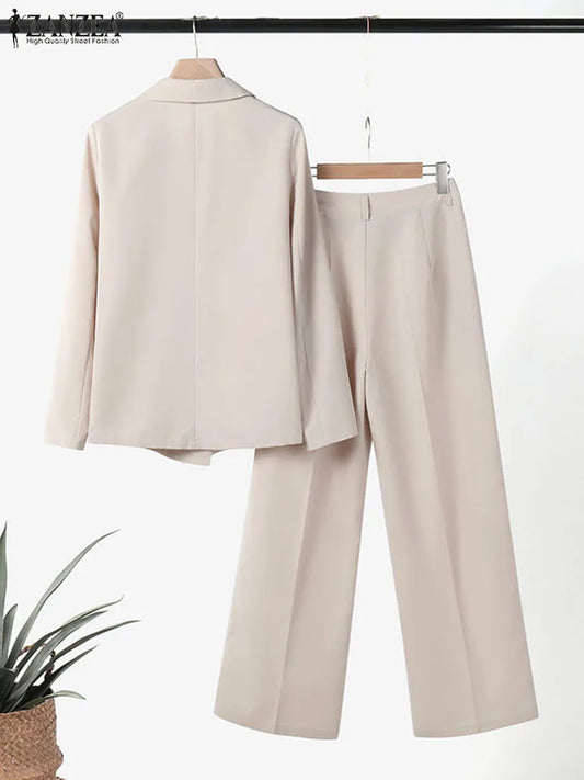 ZANZEA Korean Fashion Blazer Tops 2pcs Suits Autumn 2024 Solid Color Women Elegant Pant Sets Trousers Commute Blazer Suits