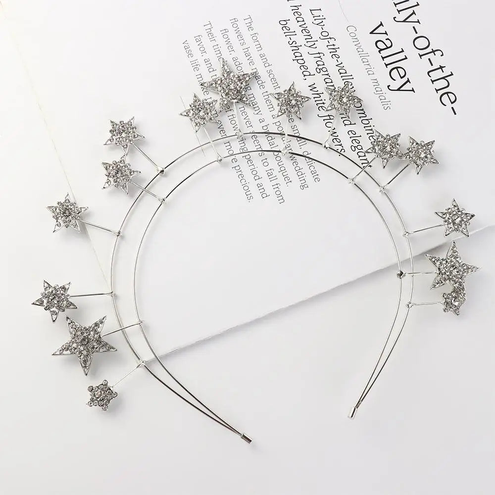 Exaggerated Metal Star Hair Hoop Silver bilayer Halo Crown Princess Bridal Hair Tiara Baroque Hairbands Head Jewelry