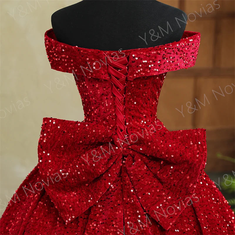 Y&M Novias Custom Plus Size Luxury Sequins Bow Off Shoulder Dark Red Quinceanera Dresses 15 Ball Gown For Party Vestido De Noiva Badiee Stylez