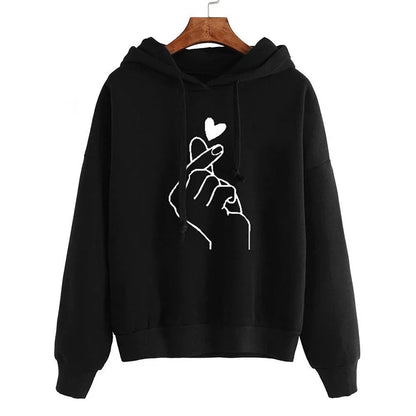 Autumn Fleece Hoodie Solid Color Finger Heart Hooded Korean Fashion Sweatshirts Long Sleeve Top Drawstring Pockets Loose Hoodies Black