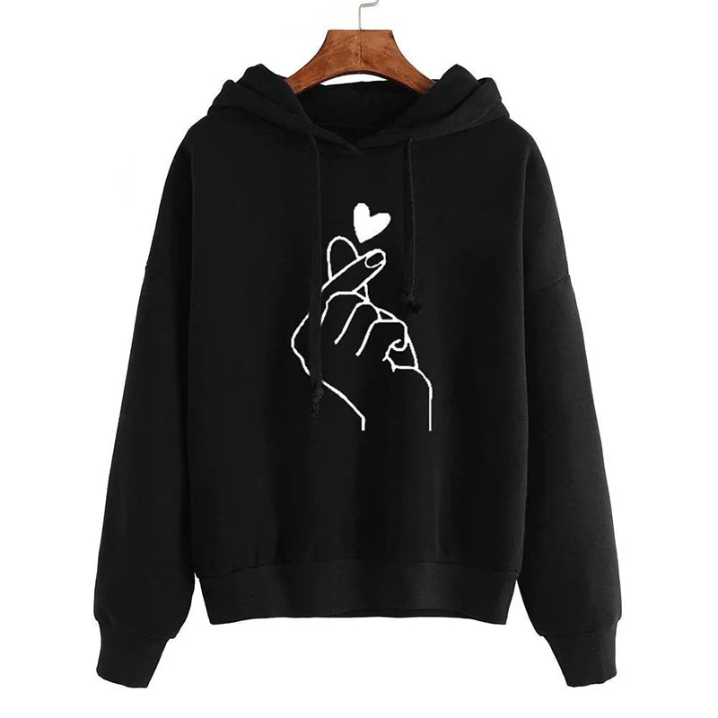 Autumn Fleece Hoodie Solid Color Finger Heart Hooded Korean Fashion Sweatshirts Long Sleeve Top Drawstring Pockets Loose Hoodies Badiee Stylez