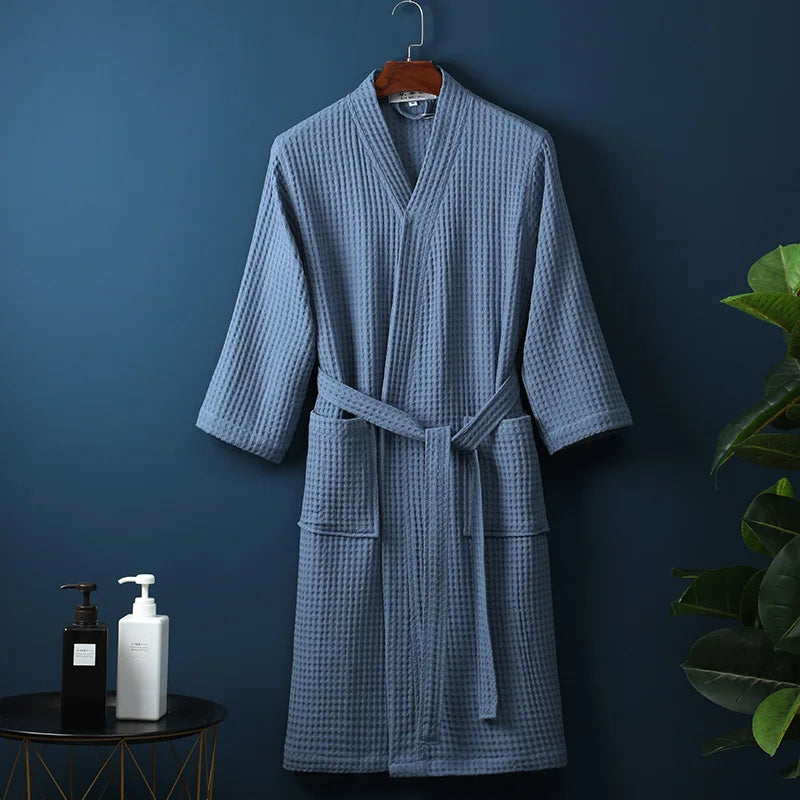 Men Women 100% Cotton Terry Bathrobe Suck Water Towel Sleepwear Spa Hotel Long Bath Robe Kimono Plus Size Dressing Gown Lovers Blue CHINA