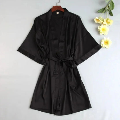 Women Wedding White Bride Robe Morning Gown 3/4 Sleeve Sleepwear Loose Nightgown Female Silk Satin Kimono Bathrobe Lingerie Black