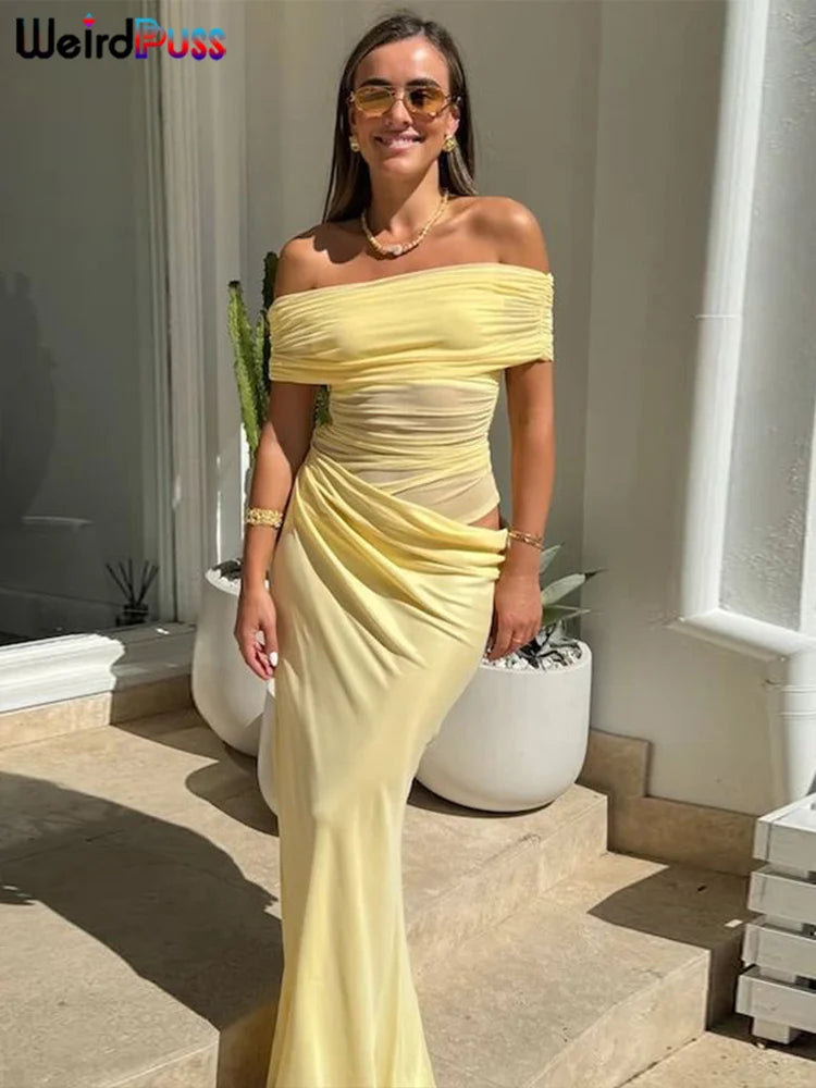 Weird Puss Ruched Irregular Dress Women Mesh Patchwork Slash Neck Short Sleeve Skinny Stretch Trend Elegant Long Bodycon Outfits