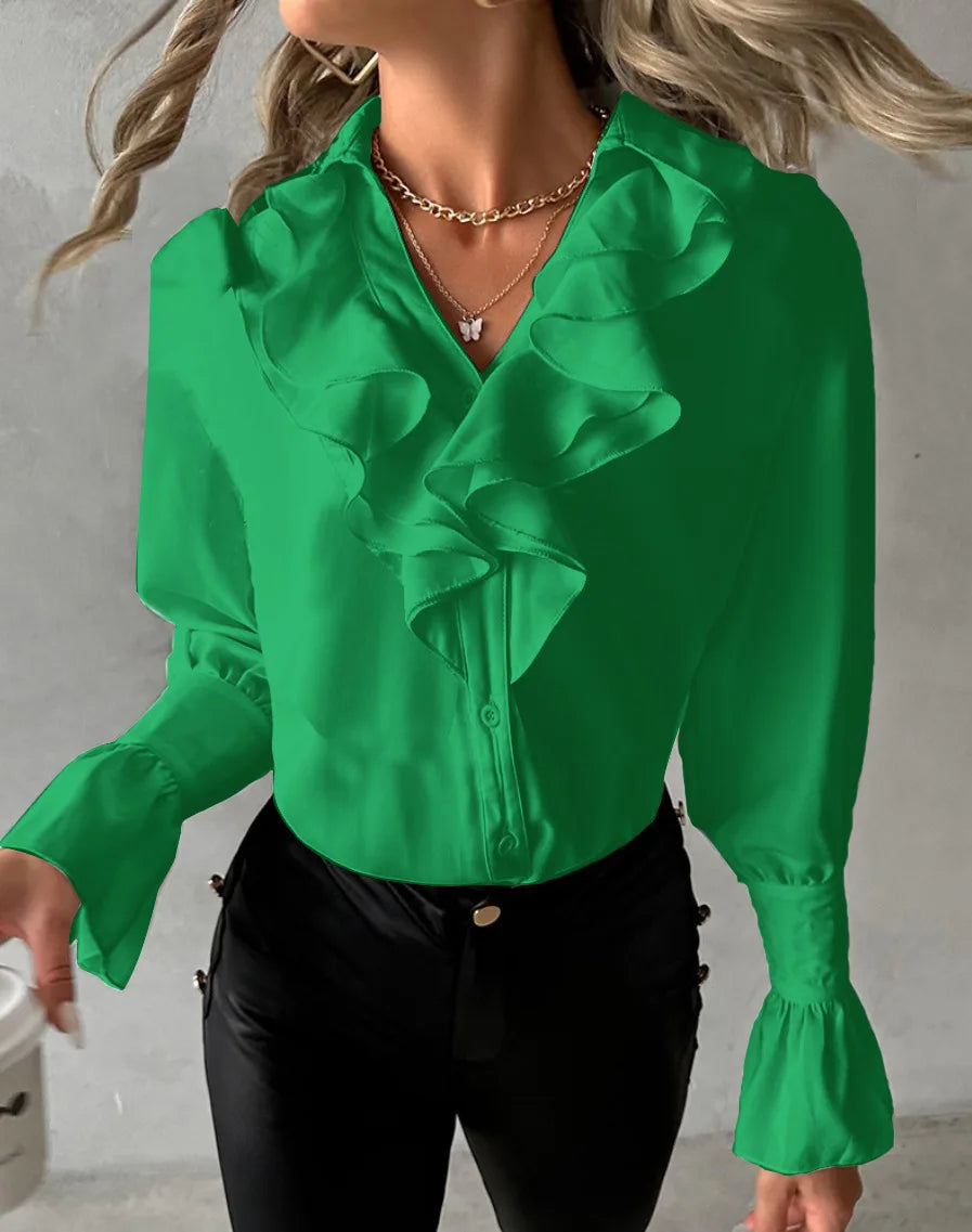 Women Elegant Solid Chiffon Blouse Spring Summer Casual Long Sleeve V Neck Loose Shirt Office Lady Tunics Oversized Tops 2024 green