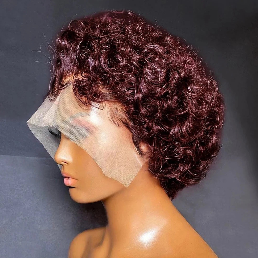 99J Burgundy Highlight Honey Colored Short Curly Pixie Cut Lace Wig Pre plucked Bob Wig 13x2 Lace Front Curly Human Hair Wigs 99J 6inches Lace Hairline