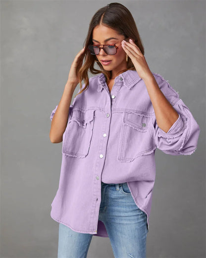 2025 Spring Autumn Shirt Style Denim Jacket Women Holes Raw-edges Jeancoat Casual Tops Female Oversize Loose Outerwear 7 Colors