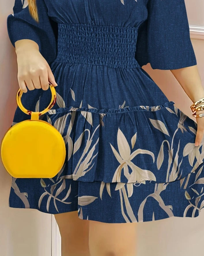 Women's Elegant Floral Print One Shoulder High Waist Dress Temperament Commuting 2024 Summer New Female Fashion A-Line Dresses