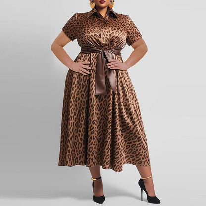 Women's Plus Size Leopard Printed Dress Large Lapels Short Sleeves Loose Elegant Belt Dresses 2025 Summer Female Casual Vestidos