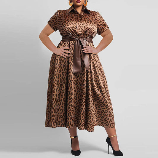 Women's Plus Size Leopard Printed Dress Large Lapels Short Sleeves Loose Elegant Belt Dresses 2025 Summer Female Casual Vestidos