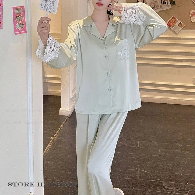 Female Pajamas Set White Satin Lace Trim Bride Wedding Sleepwear Gift Homewear Sexy Loose Long Sleeve Trouser Suit Loungewear Green