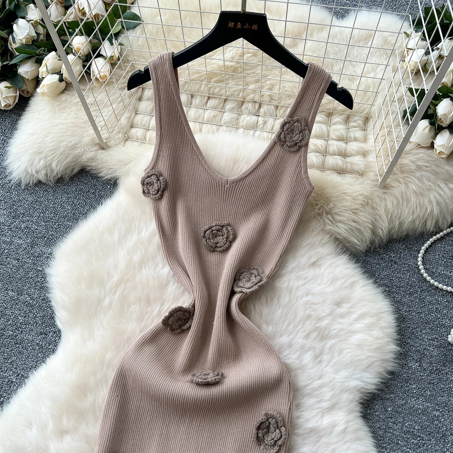 SINGREINY Knitted 3D Flower Chic Dress Sleeveless Slim Solid Elastic Sundress Women Summer Casual Fashion Bodycon Long Dresses