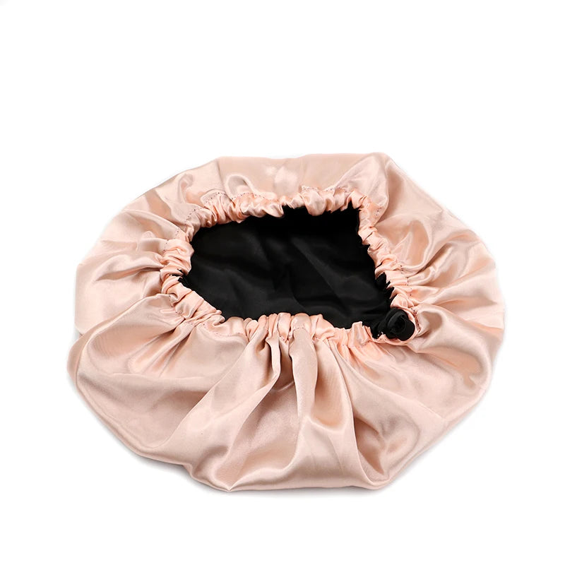 Adjustable Double Layer Satin Bonnet Nightcap Doubleside Women Round Shower Caps Night Sleep Polyester Hat Solid Black Lining Badiee Stylez