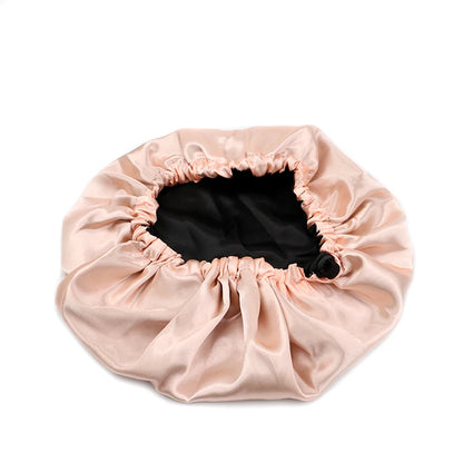Adjustable Double Layer Satin Bonnet Nightcap Doubleside Women Round Shower Caps Night Sleep Polyester Hat Solid Black Lining Badiee Stylez