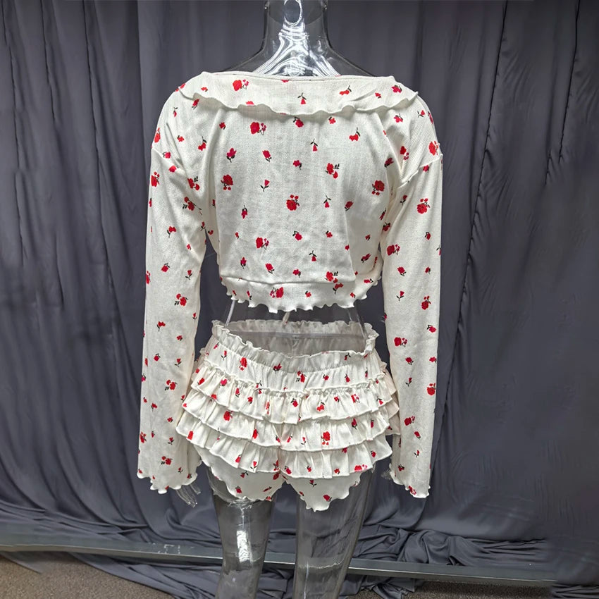 Hiloc Home Ruffles Cute Print Shorts Suits Pajamas For Women Summer Flare Sleeve Wrap Blouse With Elastic Waist Shorts 2 Piece