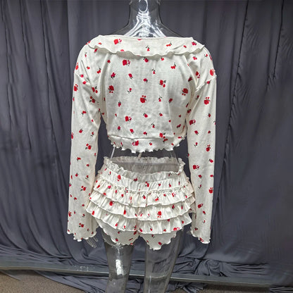 Hiloc Home Ruffles Cute Print Shorts Suits Pajamas For Women Summer Flare Sleeve Wrap Blouse With Elastic Waist Shorts 2 Piece