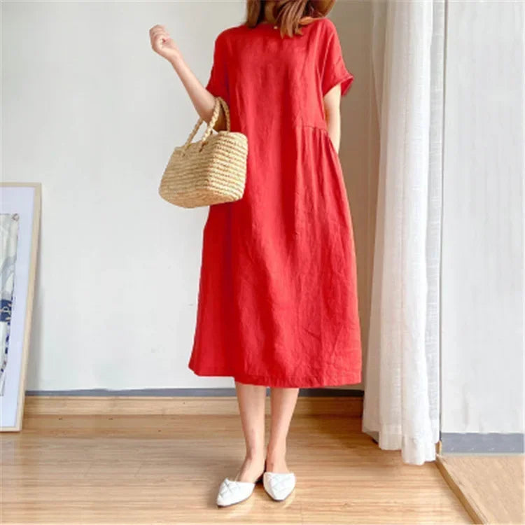 New in Spring Summer Women's Dress Elegant Casual Loose Short Sleeve Tops A-LINE Oversize Solid Midi Dresses for Women Clothing Badiee Stylez